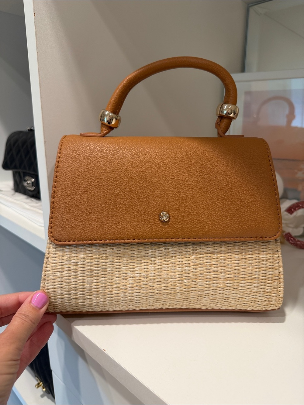 Tan pleather & Woven Top-Handle Bag